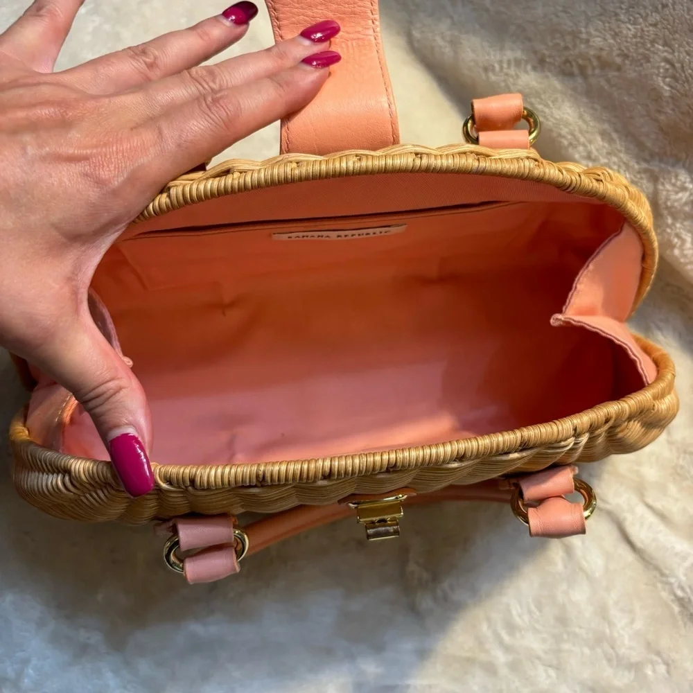 NEW Banana Republic Woven Bag Tan Rattan Pale Pink Leather Gold-tone Hardware - Picture 5 of 16